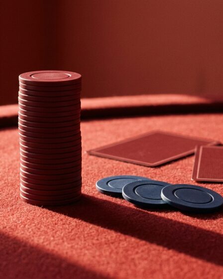 Kartu remi dan chip taruhan baccarat di atas meja permainan kasino