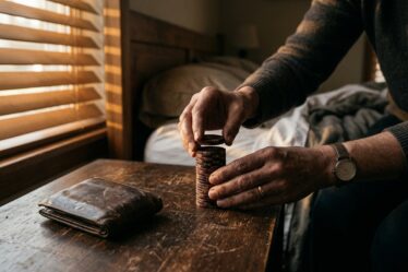 Catatan pembagian modal harian kasino di atas meja kayu di samping jam tangan dan koin taruhan