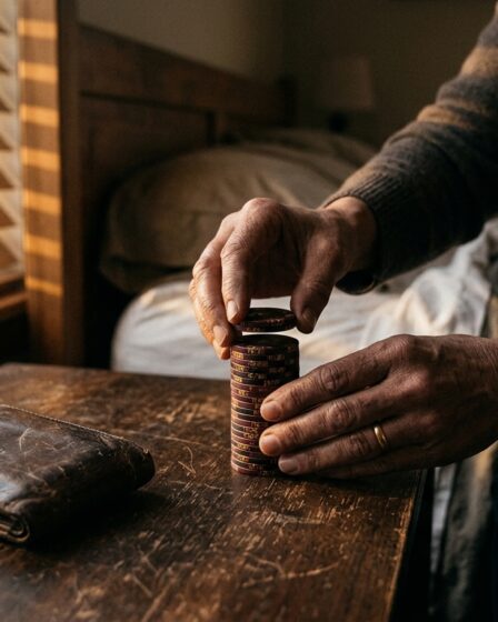 Catatan pembagian modal harian kasino di atas meja kayu di samping jam tangan dan koin taruhan